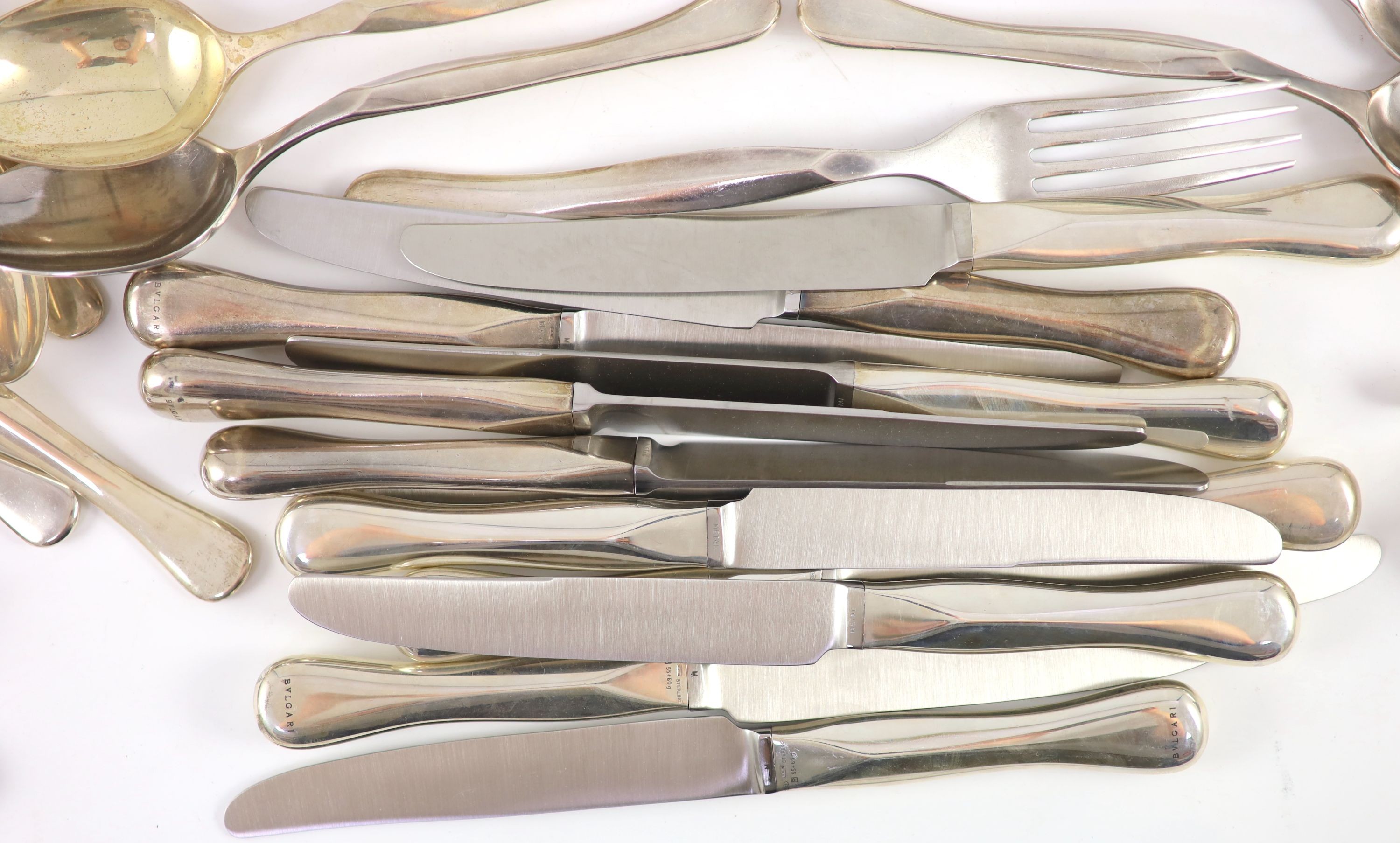 A modern canteen of Italian Eccentrica pattern by Rosenthal for Bulgari 925 sterling cutlery for twelve